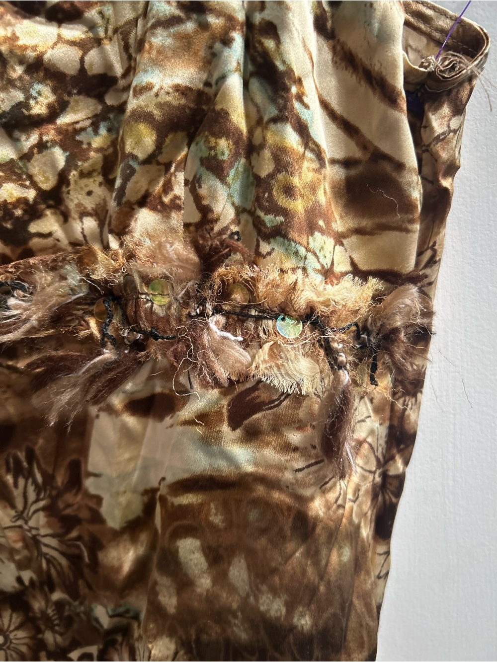 Y2K Alberto Makali Brown and Cream floral w/ feathers & Sequins tank Sz S - Picture 4 of 15